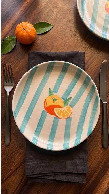 Hand-Painted Citrus Stripe Dinner Plate - Set of 2 (8 inch)