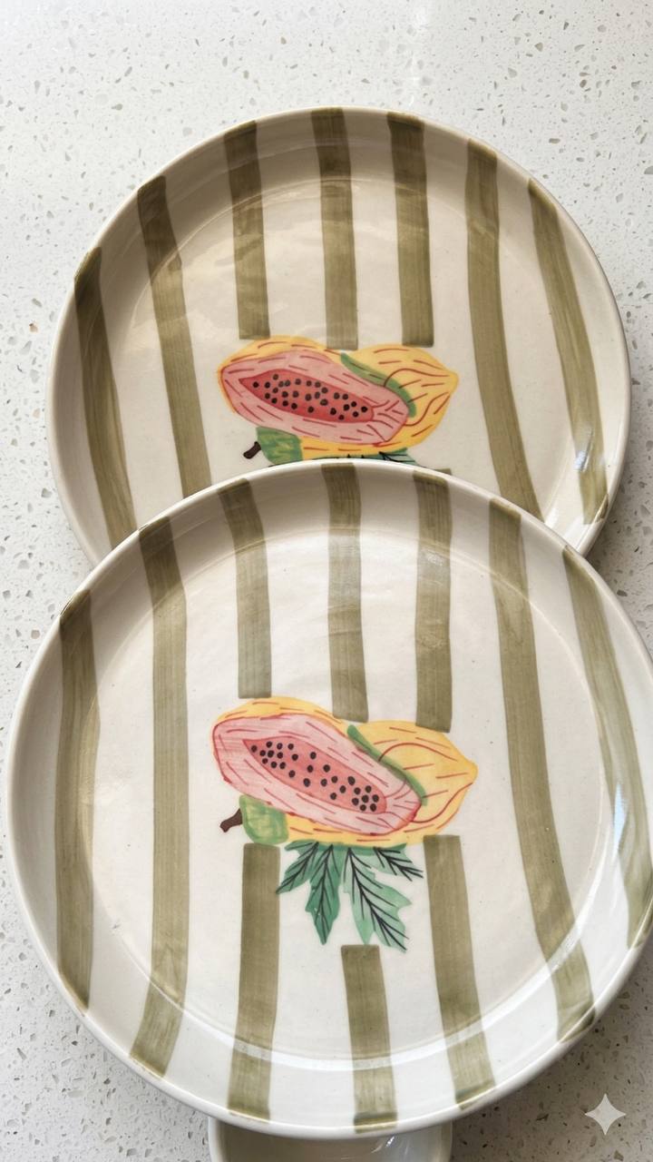Hand-Painted Papaya Stripe Ceramic Plate - Set of 2 (8 inch)