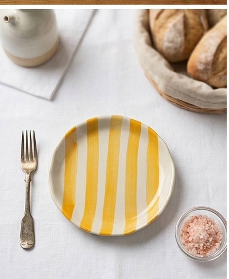 Yellow Striped Ceramic Appetizer Plates - (Set of 2)