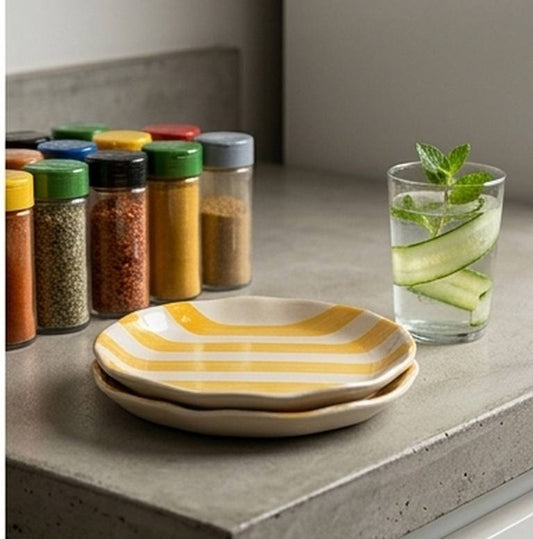 Yellow Striped Ceramic Appetizer Plates - (Set of 2)