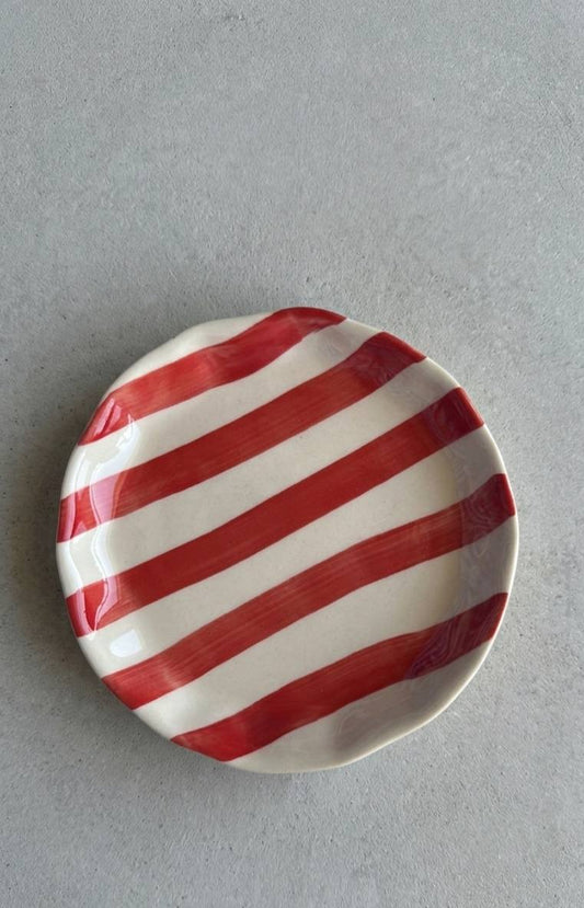 Red Striped Ceramic Appetizer Plates - (Set of 2)